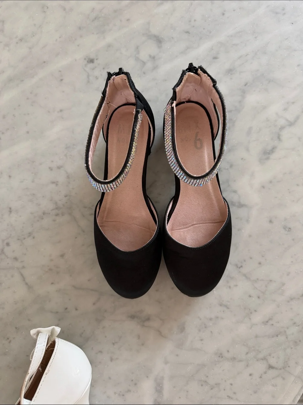 Black Ankle-Strap Flats with Rhinestone Trim